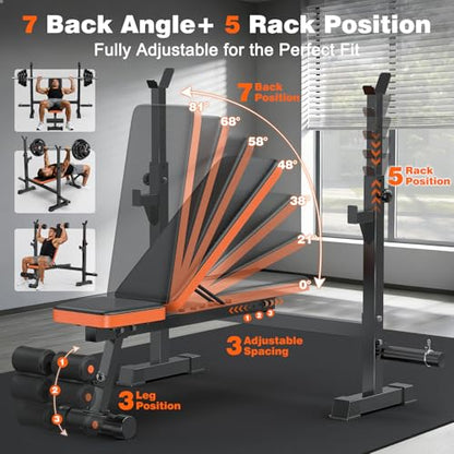 Adjustable Weight Bench with Squat Rack, 770lbs Heavy Duty Olympic Bench Press for Home Gym, Multi-Function Flat Incline Workout Bench Family Strength Training with Removable Foot Catch