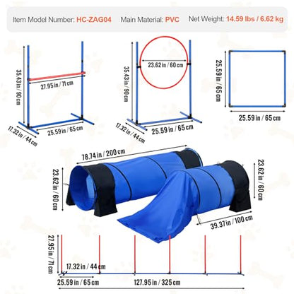 VEVOR Dog Agility Training Equipment, 13pcs Dog Agility Course Backyard Set, 2 Tunnels with Sandbags,Adjustable Hurdles,Weave Poles,Jump Ring,Pause Box, Puppy Obstacle Course Kit with Storage Bag - size: 13 Pcs Set