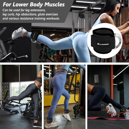 flintronic 2Pcs Ankle Straps for Cable Machine, Gym Cuffs with Double Stainless Steel D-Ring, Gym Ankle Cuff with Adjustable Neoprene Ve-lcro, Muscle Shaping for Men and Women - Black