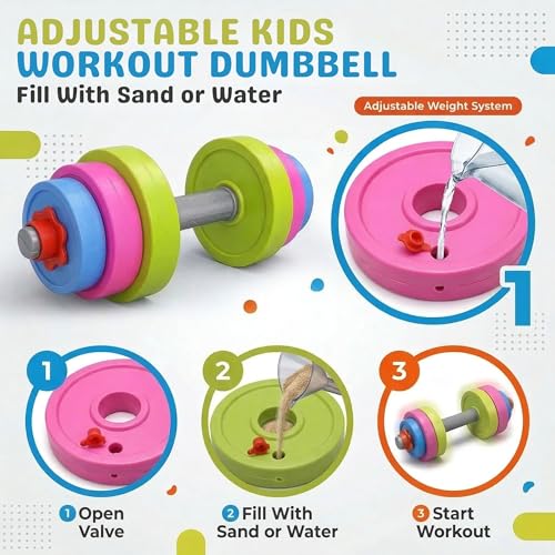 Kids Workout Dumbbell Weights Set - Toddler Toy Gym Equipment for Pretend Play Lifting, Exercise & Fitness - Adjustable Fill with Sand or Water