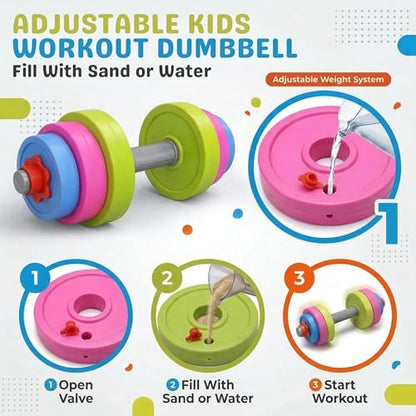 Kids Workout Dumbbell Weights Set - Toddler Toy Gym Equipment for Pretend Play Lifting, Exercise & Fitness - Adjustable Fill with Sand or Water