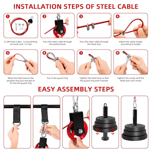 LFJ LAT Pull Down and Lift Weight Pulley System Cable Machine Pulley Attachment for Triceps Pull Down, Biceps Curl, Back, Forearm, Shoulder Home Gym Equipment - style: Red set with aluminum alloy pulley