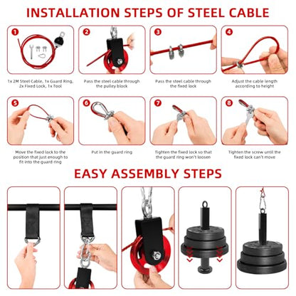 LFJ LAT Pull Down and Lift Weight Pulley System Cable Machine Pulley Attachment for Triceps Pull Down, Biceps Curl, Back, Forearm, Shoulder Home Gym Equipment - style: Red set with aluminum alloy pulley