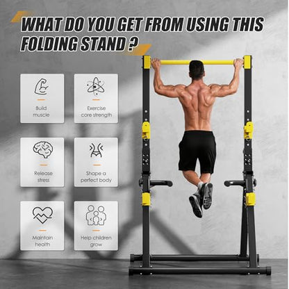 soges Foldable Power Tower, Pull Up Dip Station for Home Gym, 500 LBS Capacity Power Tower with Triangular Design, Adjustable Height Pull Up Bar for Full Body Workout - color: Yellow