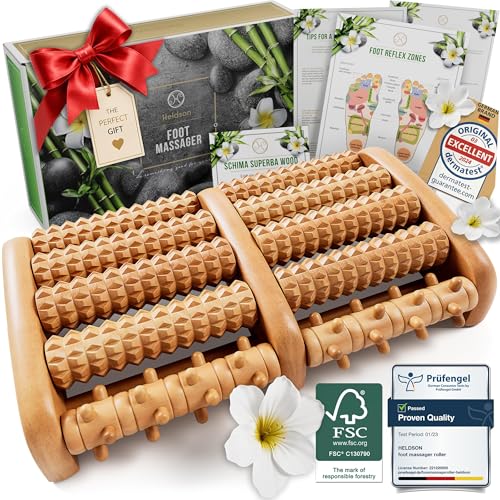 HELDSON® Foot Massager Roller Plantar Fasciitis Pain Relief - Wooden Under Desk Feet Massage - Dual Manual Heel Massagers - Wood Rolling Acupressure Tool with Reflexology Guide - Gift for Men, Women