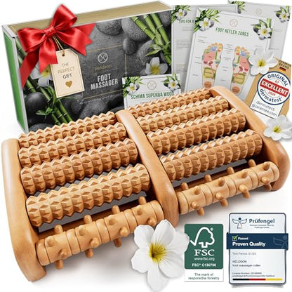 HELDSON® Foot Massager Roller Plantar Fasciitis Pain Relief - Wooden Under Desk Feet Massage - Dual Manual Heel Massagers - Wood Rolling Acupressure Tool with Reflexology Guide - Gift for Men, Women