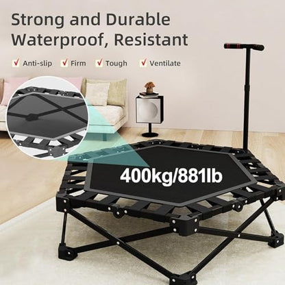 Foldable Rebounder Trampoline, Silent Mini Fitness Trampoline for Home Workout with Adjustable Handle Bar, Quiet Exercise Trampoline for Personal Indoor Workout