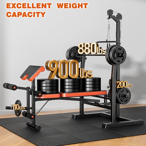 XDDIAS Weight Bench Set, 9 in 1 Olympic Weight Bench with LAT Pulldown and Rowing, 900LBS Bench Press Set with Leg Extension and Preacher Pad, Flat Incline Bench for Weight Lifting Full-Body Workout - color: Bench+160LBS plates