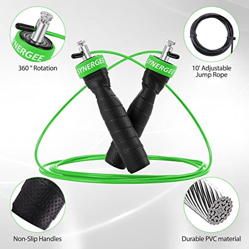 Synergee Electric Green Speed Jump Rope - (2) Adjustable 10 Ft Cable - Steel Ball Bearings - for Crossfit, MMA, Boxing & Fitness, Anti-Slip Handles.