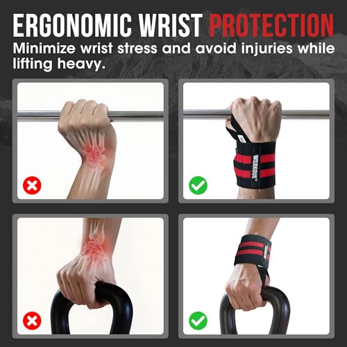 WSAKOUE Weightlifting Wrist Wraps - 18" Professional Wrist Support with Heavy-Duty Thumb Loop for Powerlifting, Bench Press & Strength Training- Adjustable Gym Wrist Straps for Men & Women - color: Red