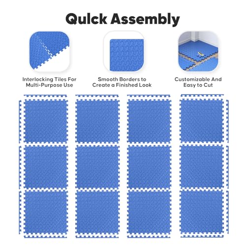 Home Gym Mat, Puzzle Exercise Mat, EVA Interlocking Foam Floor Tiles for Home Workout Equipment and Kids' Play Areas - Blue, 24 in x 24 in x ½ in - 12 Tiles (Blue, 12 Pack 48 sq ft)