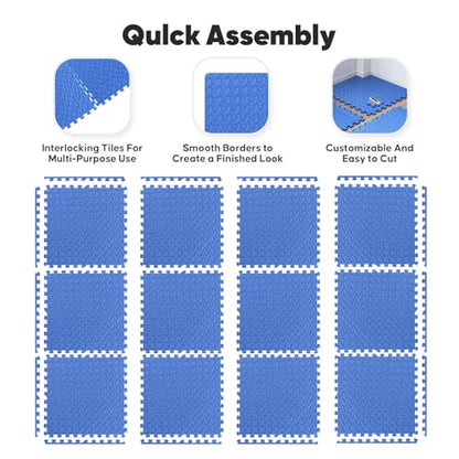 Home Gym Mat, Puzzle Exercise Mat, EVA Interlocking Foam Floor Tiles for Home Workout Equipment and Kids' Play Areas - Blue, 24 in x 24 in x ½ in - 12 Tiles (Blue, 12 Pack 48 sq ft)