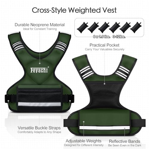 Feyachi Adjustable Weighted Vest, 3-32lb Vest with 6 Ironsand weights - color: Green, size: 3-12 lbs