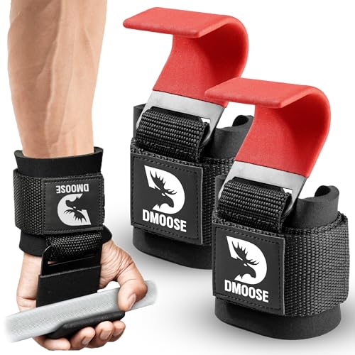 DMoose Fitness Weight Lifting Hooks (Pair) for Deadlifts, Pull Ups, Rows & Shrugs - Anti-Rip Nylon Strap Hand Grips with Thick Wrist Padding - Heavy Duty Wrist Straps for Weightlifting & Gym Workouts - color: Red