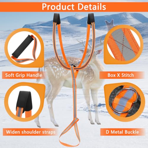 Deer Drag Harness Heavy Duty Orange Deer Drag Rope with Reflective Strip Soft Handle and Widened Shoulder Strap 400lb Capacity Deer Drag Set Perfect Men's Hunting Accessories and Gift for Hunters