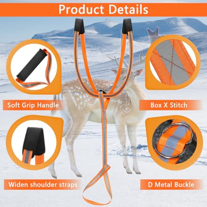 Deer Drag Harness Heavy Duty Orange Deer Drag Rope with Reflective Strip Soft Handle and Widened Shoulder Strap 400lb Capacity Deer Drag Set Perfect Men's Hunting Accessories and Gift for Hunters