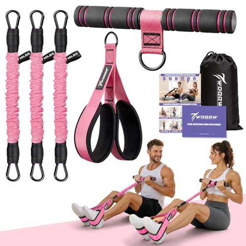 WOQQW Multifunction Pedal Resistance Band with Handle, Upgraded 3 Tube Adjustable Foot Resistance Bands for Core, Arm, Legs, Body Puller Trainer - Sit Up Exercise Equipment for Women Men - color: Pink