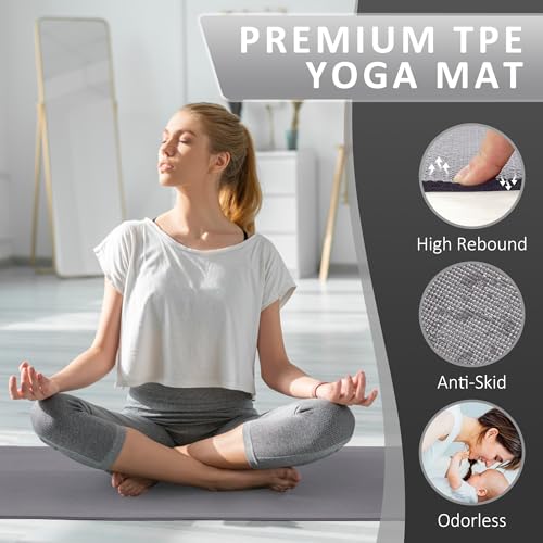 Signature Fitness All Purpose 0.25 Inch Thick High Density No Tear Exercise Yoga Mat with Strap & Lightweight Features for Indoor & Outdoor Use, Gray
