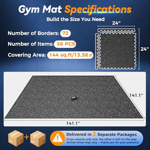 SUPERJARE 1" Extra-Thick Rubber Top Exercise Mat, Gym Flooring for Home Gym - size: 36 Tiles (144 Sq Ft)