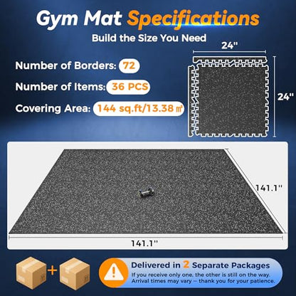 SUPERJARE 1" Extra-Thick Rubber Top Exercise Mat, Gym Flooring for Home Gym - size: 36 Tiles (144 Sq Ft)