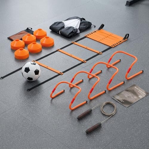 Agility Ladder Training Set - Orange Speed & Footwork Equipment for Sports, Soccer & Fitness - Includes Resistance Parachute, Cones, Jump Rope & Carry Bag