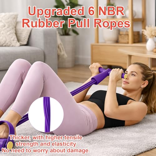 Pedal Resistance Band with Handle, Multifunction Foot Pedal Resistance Band, Full Body Resistance Bands for Home Workout and Office Exercise, Purple 6-Tube Pedal Resistance Band