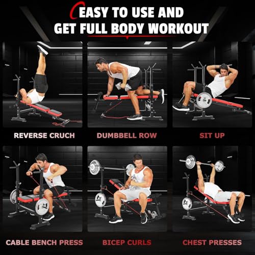 OPPSDECOR 600lbs 6 in 1 Weight Bench Set with Squat Rack Foldable Bench Press with Removable Foot Catch Adjustable Workout Bench for Home Gym