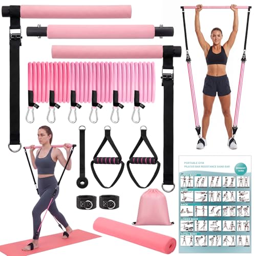 Pilates Bar Kit with Resistance Bands and Yoga Mat, Adjustable Metal Bar Portable Home Fitness Set for Women Full Body Workouts, Core, Strength, Stretching and Pilates Training