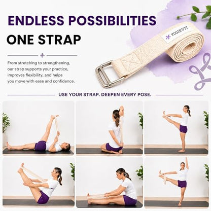 Yogikuti Premium Cotton Yoga Strap | Adjustable Yoga Belt for Stretching, Flexibility, Balance & Alignment | Yoga Accessories for Beginners, Pilates, Meditation, Exercise, Fitness & Physical Therapy - size: 9ft(3mtr)