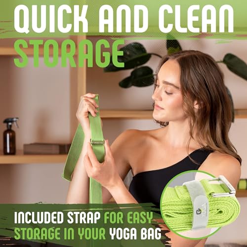 Yoga Strap, Friction-Less Easy-Feed Buckle, Super Soft Cotton/Polyester Blend Webbing, Free eGuide. (8 Feet) - color: Green
