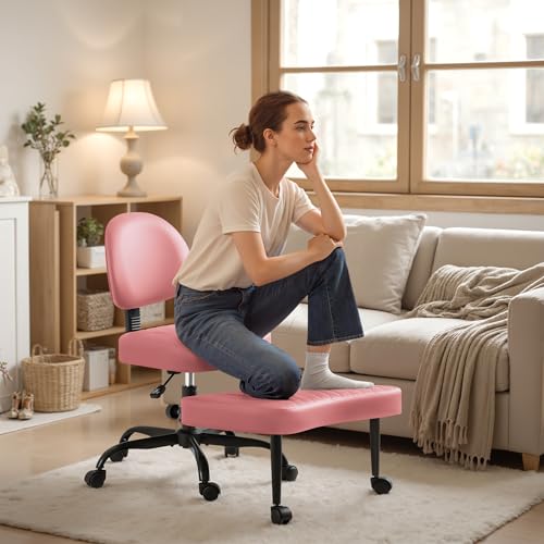 Homall Ergonomic Cross Legged Office Desk Chair with Wheels, 360° Swivel and Adjustable Height for Meditation and ADHD,Criss Cross Kneeling Chair with Lumbar Support (Leather, Pink) - color: Pink