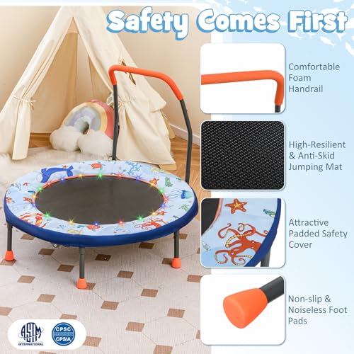GYMAX 36” Toddler Trampoline with Lights, Folding Springless ASTM Approved Small Kids Rebounder with Foam Handle, Safety Padded Cover & Foldable Legs, Mini Indoor Baby Trampolines - color: Light Blue