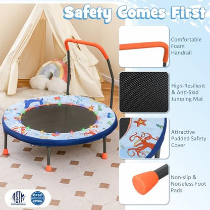 GYMAX 36” Toddler Trampoline with Lights, Folding Springless ASTM Approved Small Kids Rebounder with Foam Handle, Safety Padded Cover & Foldable Legs, Mini Indoor Baby Trampolines - color: Light Blue