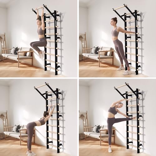 Swedish Ladder, Wood Stall Bar with Suspension Trainer Straps, Pull-Up Dip Bar Attachment, Strategic Rods, for Home, School, hysical Therapy and Gymnastics