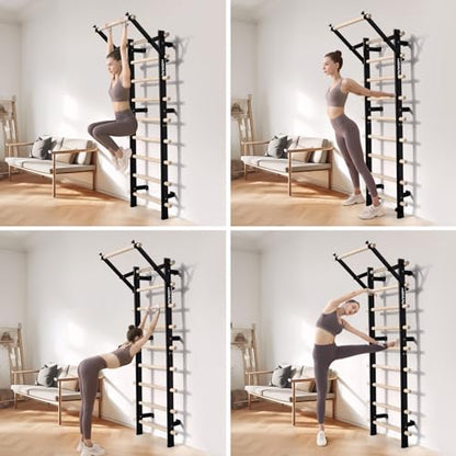 Swedish Ladder, Wood Stall Bar with Suspension Trainer Straps, Pull-Up Dip Bar Attachment, Strategic Rods, for Home, School, hysical Therapy and Gymnastics