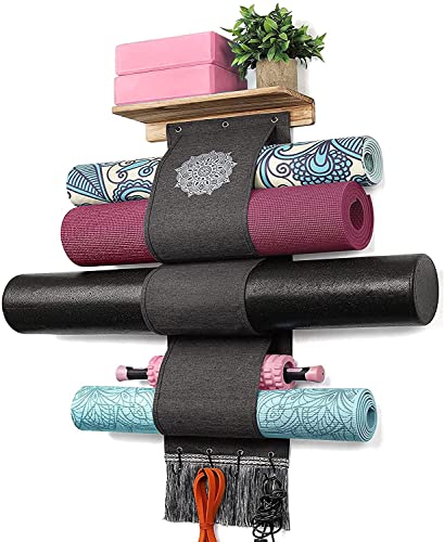 Yoga Mat Holder Accessories Wall Mount Organizer Storage Decor Foam Roller and Towel Storage Rack with 4 Hooks and Wooden Shelves Yoga Mats Rack Resistance Bands for Home Gym School Office - color: Carbonized Black (cloth)