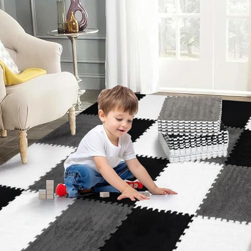 36 Pcs Plush Interlocking Carpet Tiles, Non-Toxic Foam Carpet Tiles for Toddler Baby, Anti-Slip, EVA Foam Interlocking Tiles for Floor, Nursery, Playroom, Grey White Black - color: Black,White,Grey, size: 36P