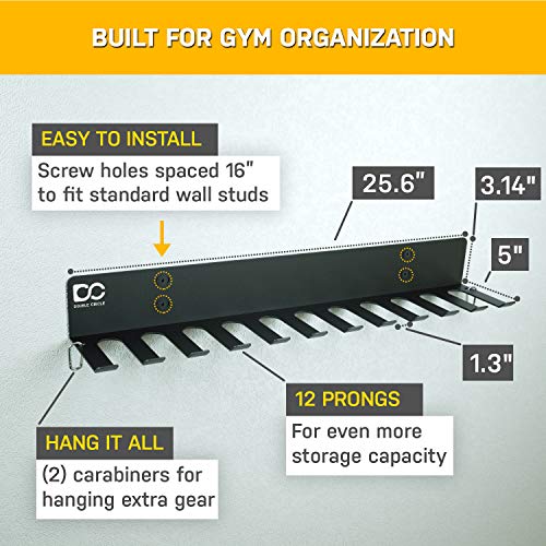 Double Circle Gym Storage Rack with 12 Hooks, Multi Purpose Gym Equipment Wall Rack Hanger for Pro Home Gym Storage for Exercise Bands, Barbell Bars, Jumprope (Hardware Included)