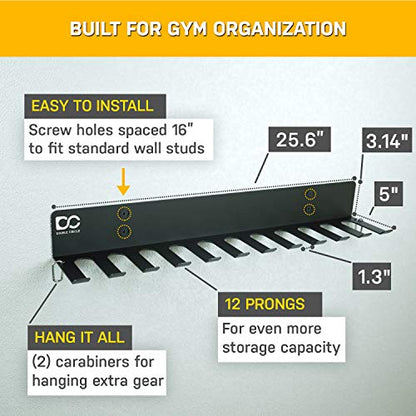 Double Circle Gym Storage Rack with 12 Hooks, Multi Purpose Gym Equipment Wall Rack Hanger for Pro Home Gym Storage for Exercise Bands, Barbell Bars, Jumprope (Hardware Included)