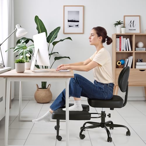 Homall Ergonomic Cross Legged Office Desk Chair with Wheels, 360° Swivel and Adjustable Height for Meditation and ADHD,Criss Cross Kneeling Chair with Lumbar Support (Leather, Black) - color: Black