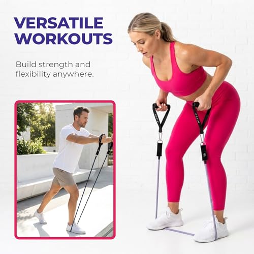 FitOn Resistance Bands with Handles - Elastic Bands for Muscle Mobility & Strengthening, Resistance Loops with Comfortable Foam Handle, Dual-Knit Design, Set of 2 with Pouch - Light 15lb & Medium 20lb