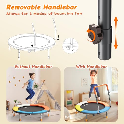 Premium 3FT Foldable Toddler Trampoline for Kids Ages 3-6, 36 Inch ASTM Certified Mini Trampoline with Adjustable Handle, 100 lbs Capacity, Quiet Elastic Bands, Safe for Indoor Outdoor Use - style: Classic New