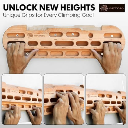 ESTROSO Wooden Hangboard - Training Hang Board with Adjustable Grip Depths, Grip Strengthener, Forearm Exerciser, Pull Ups - Climbing Fingerboard with Installation Kit