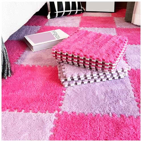 14 Pcs Carpet Puzzle Mats for Floor,Plush Carpet Tiles Interlocking Floor Mats,Fluffy Thick Foam Floor Tiles Puzzle Rug for Playroom,Classroom,Gym,Basement,Rose red+Purple - color: Rose Red+purple