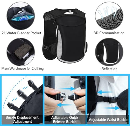 Hydration Backpack with 2L Water Bladder, Lightweight Running Vest for Women Men, Adjustable Straps, Multi-Pocket Water backpack, Breathable Running Vest for Hiking, Cycling, Climbing, Camping, Biking