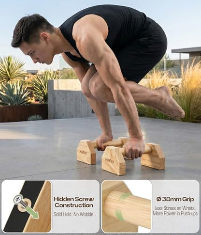 Parallettes Push Up Bar, Oak Calisthenics Equipment for Handstand Training, Wooden Push-Up Stand Handles with Non-Slip Base for Core & Upper Body Strength Training, 550 lbs Capacity