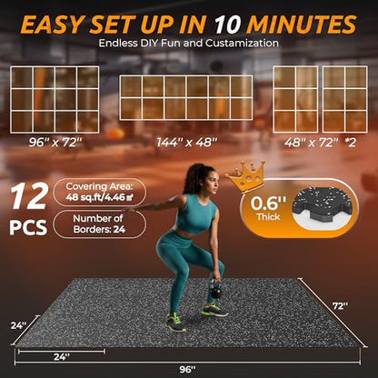 0.6" Thicker Rubber Top Gym Flooring for Home Gym, 12 Pcs 48 Sq Ft Workout Mats, Exercise Mat, Interlocking Rubber Floor Mats with High Density EVA Foam for Garage, 24 x 24in, Black/Grey - size: 12 Tiles (48 Sq Ft)