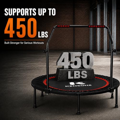 KENSONE 40"/48" Foldable Mini Trampoline, Indoor Trampoline for Kids, Adults Indoor/Garden Workout, Fitness Rebounder with Adjustable Foam Handle, Max Load 330/450 lbs - size: 48"