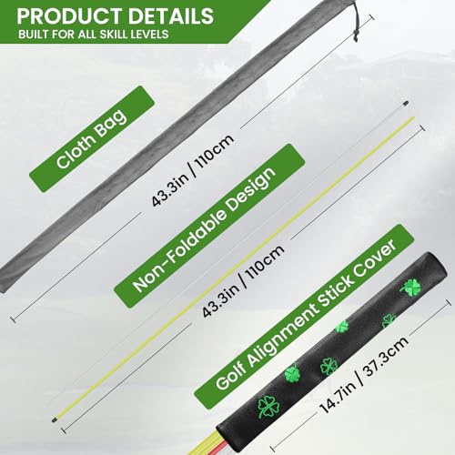FINGER TEN Golf Alignment Sticks 43 Inch 5 Pack with Leather Stick Cover, Training Rods for Swing Alignment, Stance Setup, Accurate Aiming & Effective Golf Practice - color: 5 Pack in Multicolor