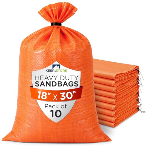 Heavy Duty Sand Bags Pack of 10, Bright Orange Empty Sandbags with Built-In Ties, Woven Polypropylene UV Protection 1600 Hours, Fillable Bags for Flood Control, Weight, 18x30 inches, 75 Pounds Volume - color: Bright Orange, size: 18"W x 30"L